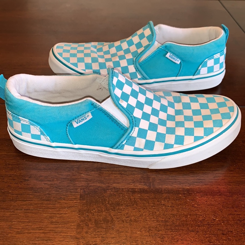 Vans Turquoise Blue Checkerboard Slip On Shoes